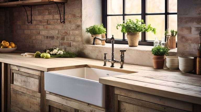 Farmhouse apron sink with butcher block counter